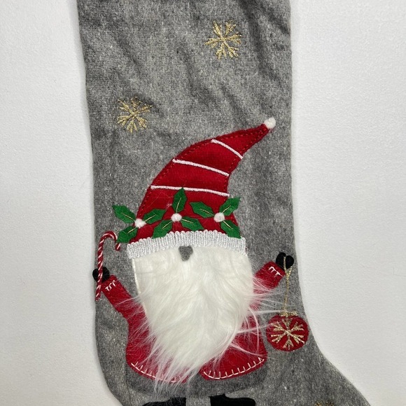 New Isaac Mizrahi Gnome Christmas Stocking 22" Gray Red Wool - Picture 3 of 8